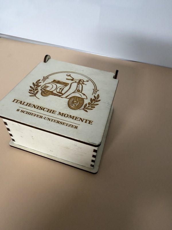 Schieferuntersetzer „Italienische Momente“ – 6er-Set mit Holzbox