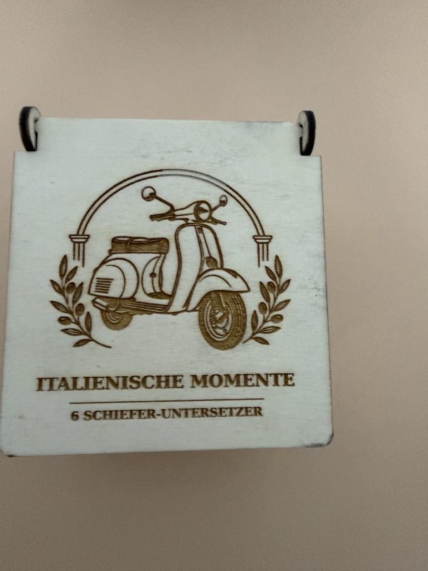 Schieferuntersetzer „Italienische Momente“ – 6er-Set mit Holzbox