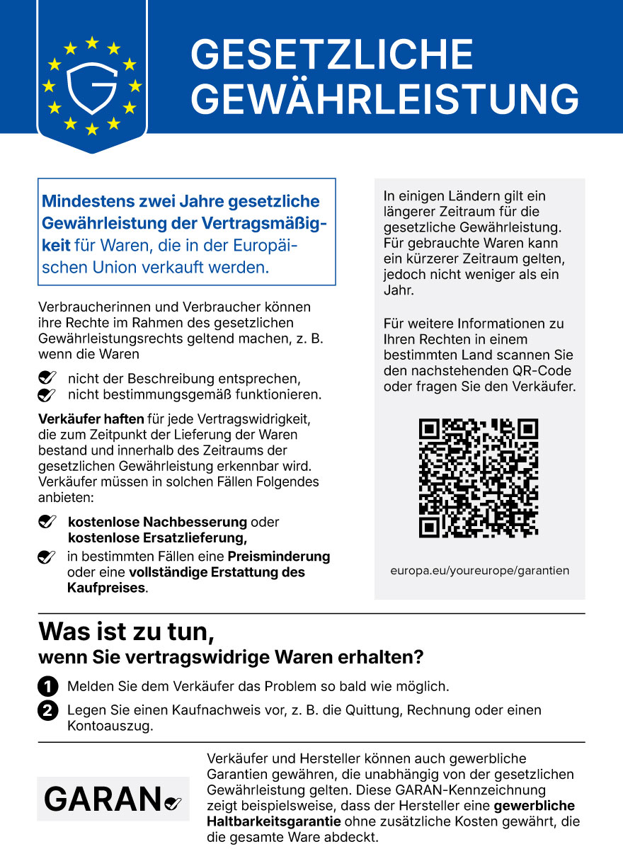 Offizielles EU-Label zur gesetzlichen Gewährleistung mit QR-Code und Informationen zu Verbraucherrechten