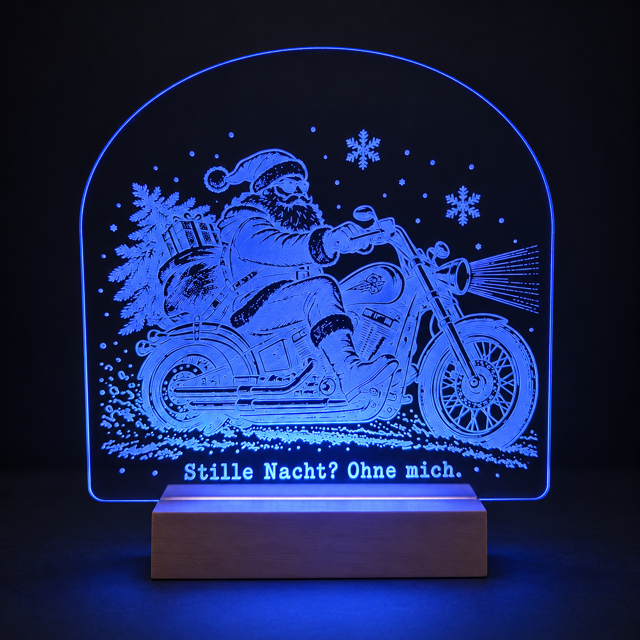 LED-Weihnachtsleuchte Biker-Weihnachtsmann auf Holzsockel