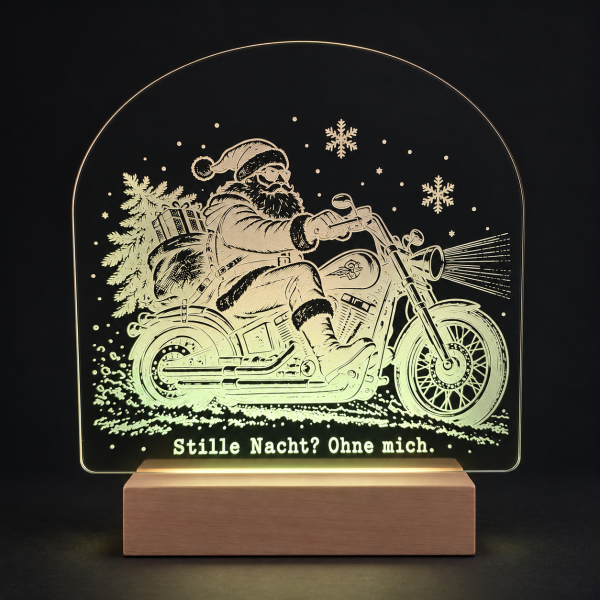 LED-Weihnachtsleuchte Biker-Weihnachtsmann auf Holzsockel