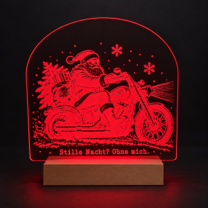 LED-Weihnachtsleuchte Biker-Weihnachtsmann auf Holzsockel