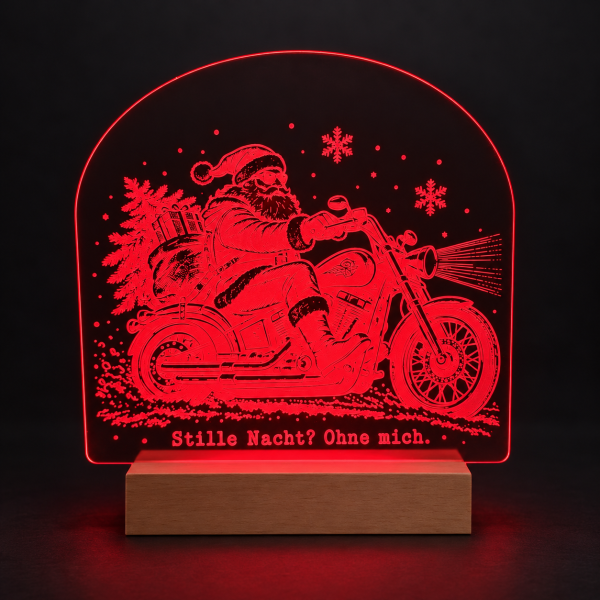 LED-Weihnachtsleuchte Biker-Weihnachtsmann auf Holzsockel