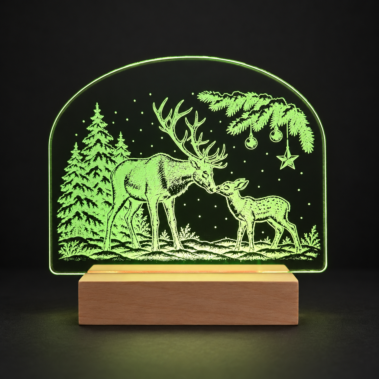 LED-Weihnachtsleuchte Hirsch mit Jungtier auf Holzsockel