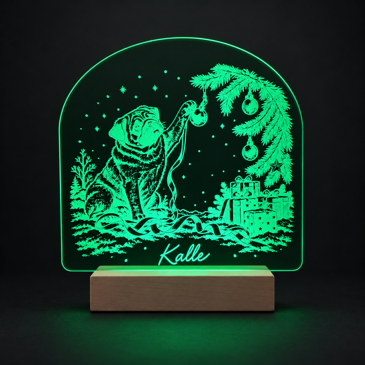 LED-Weihnachtsleuchte Weihnachtsmops auf Holzsockel